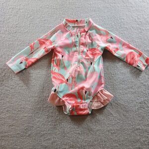 Unbranded‎ Girls Flamingo Print Rash Guard Pink 70 Ruffle Long Sleeve Swimsuit